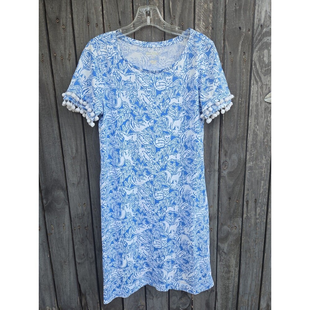 Lilly  pulitzer lissie 100% pima cotton pom pom dress blue white foxes sz M - Picture 3 of 9